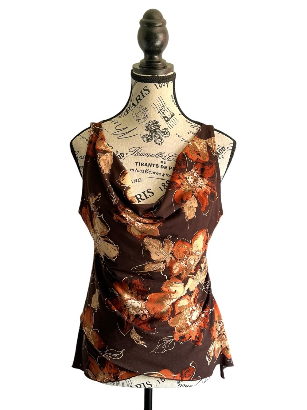 🇨🇦 Vintage 90s Brown Dark Floral Cowl Neck Sleeveless Top Y2K Boho Whimsigoth